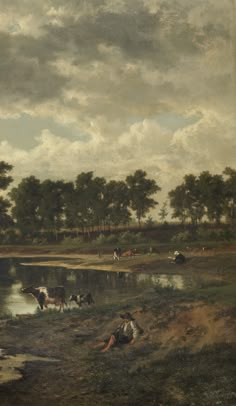 an oil painting of cattle by a river with people on the bank and trees in the background