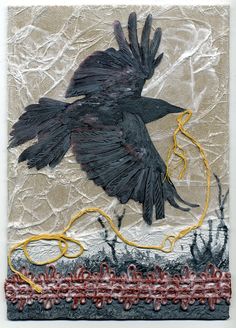 a painting of a black bird with yellow string