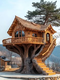 a tree house built into the side of a large tree trunk with stairs leading up to it