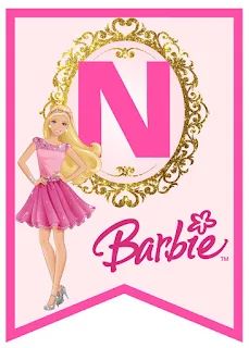 a barbie doll is standing in front of a pink sign with the letter n on it