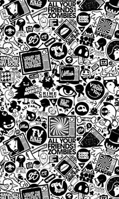 a black and white pattern with different types of stickers