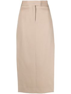 taupe virgin wool cotton twill weave vertical seamed layered details high-waisted off-centre front hook fastening two thigh-high side slits striped lining mid-length straight hem 90s Minimalism, Fitted Midi Skirt, The Attico, Twill Weave, Thigh High, Thigh Highs, Mid Length, Cotton Twill, High Waisted Skirt