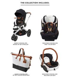 four different types of baby strollers with names on the front and back, including an infant's car seat