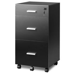 a black filing cabinet with three drawers on wheels