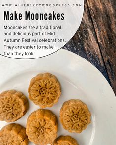 five cookies on a white plate with the words make mooncakes