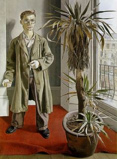 a painting of a man standing in front of a potted plant next to a window