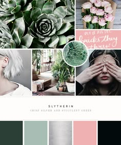 a collage with pink, green and grey colors in the center is an image of a woman holding her hands up to her face