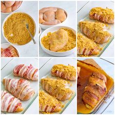 the process shots show how to make stuffed chicken and stuffings in different stages of preparation