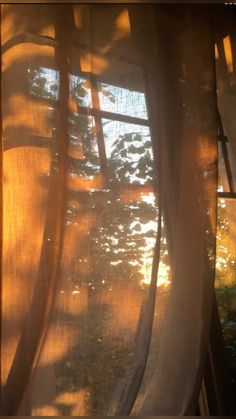 the sun is shining through the sheered curtains in front of a window with trees outside