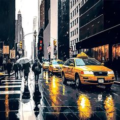 a painting of people walking down the street in the rain with umbrellas and taxi cabs