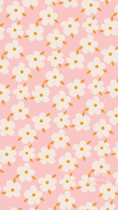 a pink background with white and yellow flowers on the bottom right corner is an orange dot in the middle