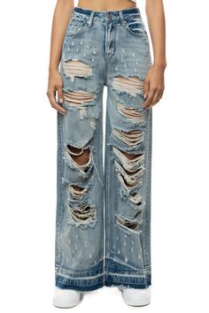 - Twiggy Fit - High Rise Wide Leg- Fitted From Waist To Hip With A Wide Bottom Opening- 100% Cotton- Aspen Blue- Heavy Rip Off Fashion Denim Pant- Height : 5’ 10” / Waist : 25” Rip Pants, Denim Pants Fashion, Ripped Pants, Denim Branding, Jeans Color, Denim Pant, Cotton Style, Aspen, Colored Jeans