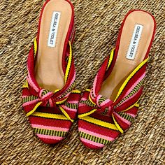 Violet Red Pink Yellow Striped Sandals. Never Worn. No Marks. No Wear. Adorable Sandals!! Multicolor High Heel Sandals For Vacation, Colorful High Heel Sandals For Summer, Summer Flat Heels With Wrapped Heel, Trendy Multicolor Heels For Beach, Colorful Open Toe Heels For Summer, Trendy Multicolor Heels For The Beach, Multicolor High Heel Summer Sandals, Colorful Closed Toe Summer Heels, Colorful Closed Toe Heels For Summer