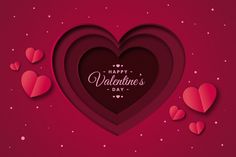 valentine's day greeting card with paper hearts on red background and stars in the sky