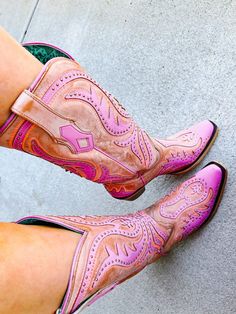 Cowboy Boots Women Pink, Pink And Orange Cowboy Boots, Pink Kentucky Derby Dresses, Fun Cowgirl Boots, Unique Cowgirl Boots, Fun Cowboy Boots, Neon Cowboy Outfit, Women’s Cowboy Boots, Pink Cowgirl Boots Outfit