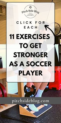 a woman is sitting on a soccer ball with the words, click for each exercises to get strong as a soccer player