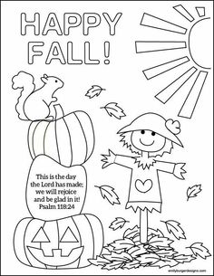 a happy fall coloring page with an image of a pumpkin and a scare on it