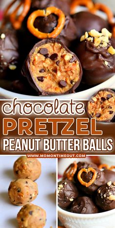 chocolate pretzel peanut butter balls with pretzels in the background