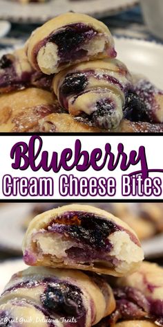 blueberry cream cheese bites stacked on top of each other with the title above it