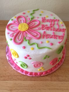 a decorated birthday cake on a wooden table