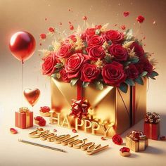 a bunch of red roses in a gold gift box with balloons and confetti