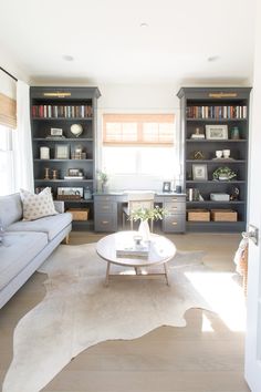 a living room filled with furniture and bookshelves