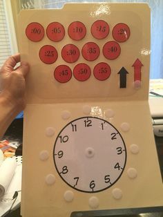 a person holding up a clock made out of paper with numbers and times on it