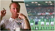 a man in white shirt sitting next to a photo of soccer players on the field