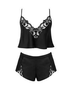 Relax in style with the Leonora Luxury Satin Cami and Short Set in black. This set features a stunning mesh lace trim, a cropped open-back cami top with adjustable straps, and shorts with a split thigh. Perfect for luxurious lounging. Black Sleepwear, Silk Pj Set, I Am Manifesting, Lingerie Pjs, Sleep Sets, Black Pajamas, Clothes Embroidery Diy, Clothes Embroidery, Cotton Pjs