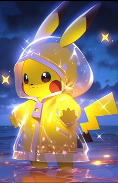 the pikachu is standing in the water with his head turned to look like he's wearing a yellow outfit