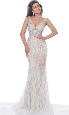 Jovani - 03023 Sheer Bodice Beaded Adorned Feather Fitted Evening Gown – Couture Candy Puff Sleeve Gown, Informal Wedding Dresses, Informal Weddings, Ombre Wedding, Long Sleeve Evening Gowns, Embellished Skirt, Exquisite Gowns, Trumpet Dress, Jumpsuit Elegant