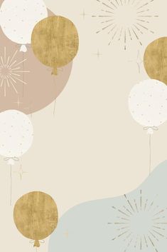 an abstract background with balloons and confetti in gold, white and grey colors