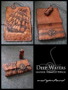 four different views of a leather case with an image of a pirate ship on it