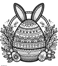 a black and white drawing of an easter egg with bunny ears on it's head