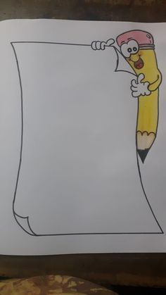 a drawing of a pencil with a cartoon character on it holding up a large sheet of paper