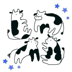 three black and white cows with stars around them