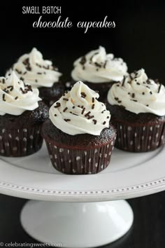 chocolate cupcakes with white frosting and sprinkles on a plate