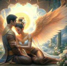 a painting of two people sitting next to each other with angel wings on their shoulders