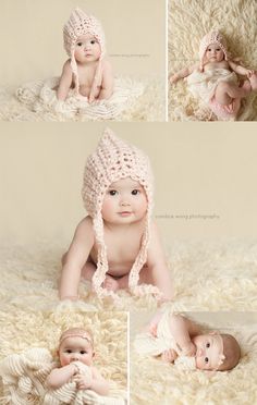 three pictures of a baby wearing a knitted hat and laying on a fluffy white blanket