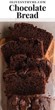 chocolate bread is cut into slices and stacked on top of each other with text overlay