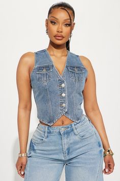 Available In Medium Wash. Denim Vest Top Sleeveless V Neck Button Down 2 Front Pockets Cropped Non Stretch Disclaimer: Due To The Specialized Dye Process, Each Garment Is Unique 100% Cotton Imported | Chasing The Sun Denim Vest Top in Medium Wash size Large by Fashion Nova Denim Vest Top, Denim Halter Top, Luxe Clothing, Chasing The Sun, Big Girl Fashion, Denim Midi Skirt, Women Shirts Blouse, Big Girl, Shirts Blouses