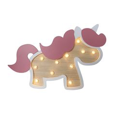 a wooden light up horse with pink manes and lights on it's back