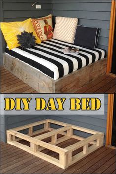 diy day bed made out of pallet wood with text overlay that reads, diy day bed