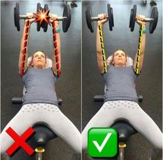 a man doing a bench press with dumbbells on his back and an arrow pointing to the right