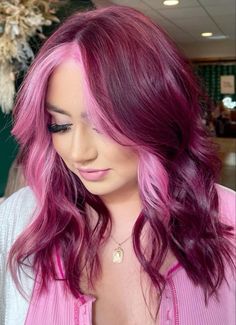 Vibrant Red Purple Hair, Red On Red Hair Color, Pink On Top Blonde On Bottom Hair, Hair Colour Ideas Vibrant, Easy Style For Medium Hair, Burgundy Hair With Purple Money Piece, Bright Summer Hair Color Fun, Purple Pink Underneath Hair, Light Brown And Colored Hair