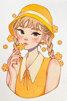 a drawing of a girl with braids and flowers in her hair wearing a yellow hat