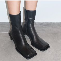 Bnnw And In Box!! Purchased, Didnt Realize They Were Final Sale So I Cannot Return Them, They Actually Fit But I Have Too Many Black Boots. I Feel Like These Run Large Because Of The Square Toe. I Usually Wear A 40 In Miista Shoes (I Have The Madoka And Took A 40) But These For Some Reason I Wear A 38. I Have These In Another Color And Have Worn Those In A 38 As Well. Listing As A 7.5 / Eu38 Because That Is What Is On The Shoe. Heel Height Is Super Comfortable Its About 2.3 Inches Current Shoe On Miista Website Selling For $490 All My Items Ship Free And Come From A Smoke Free And Pet Free Home. All Sales Final . You Must Make An Offer With The Offer Button For Us To Negotiate Th Fitted Faux Leather Boots With 4-inch Heel, Black Mid-calf Boots With Stacked Heel And Square Toe, Black Boots With 4-inch Heel Medium Width, Pointed Toe Boots With 4-inch Heel In Faux Leather, Black Mid-calf Boots With Zipper Closure And Square Toe, Heel Caps, Rubber Heels, Cow Leather, Sonic