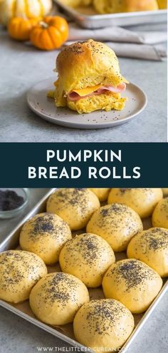 pumpkin bread rolls with poppy seed sprinkles on top and in the background