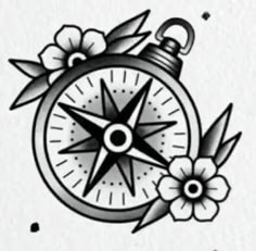 a black and white drawing of a compass with flowers