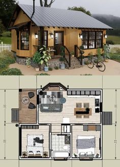 the plans for a small cabin house are shown in this image and below it is a floor plan